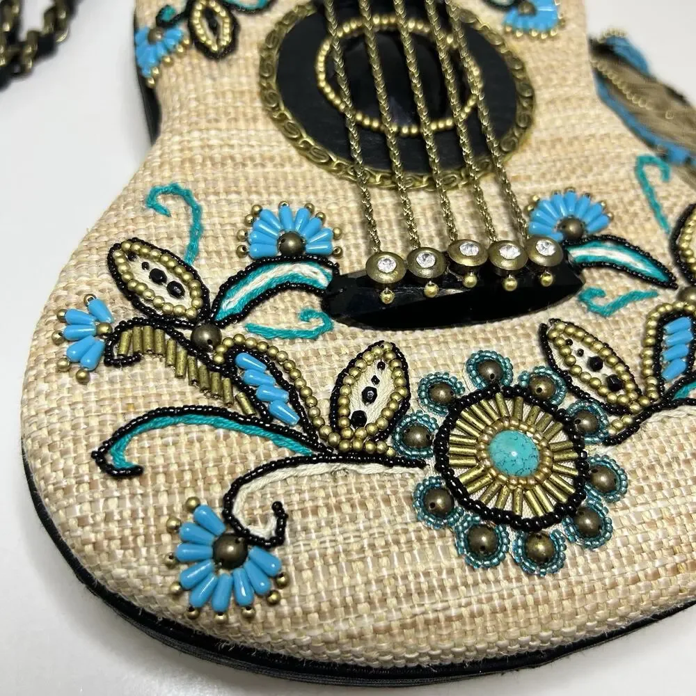 Mary Frances Unplugged Cream Woven and NWT Turquoise Beaded Guitar Bag *RARE - Picture 2 of 16